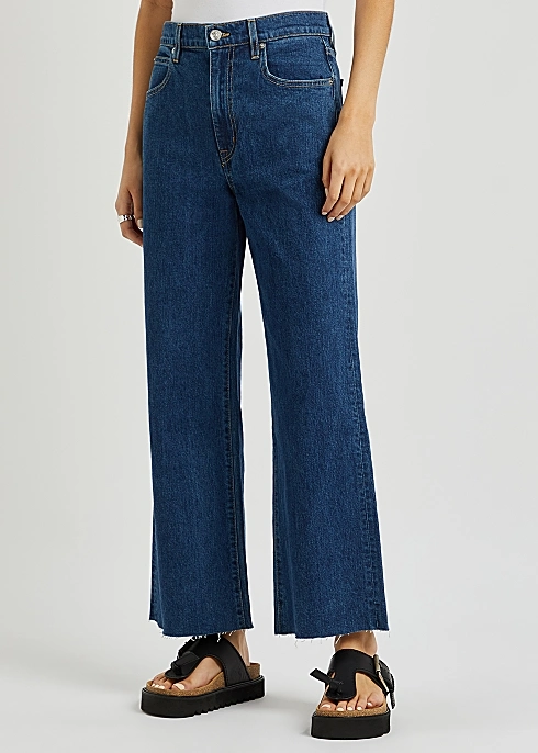 Wholesales Fashion Design Cropped Blue Wide-Leg Jeans Lady Bell Bottom Dark Blue Denim Jeans