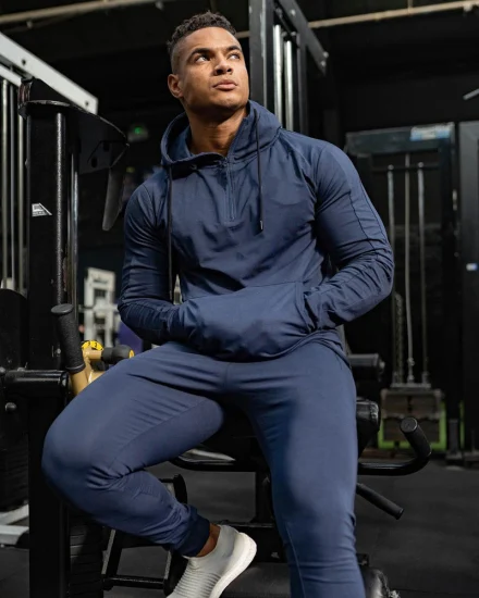 세련된 남성 2PCS 루즈핏 후드 체육관 운동복 + 지퍼 포켓이 있는 조깅 바지 피트니스 트랙수트 캐주얼 후드티 스웨트 슈트 운동 스포츠웨어 세트