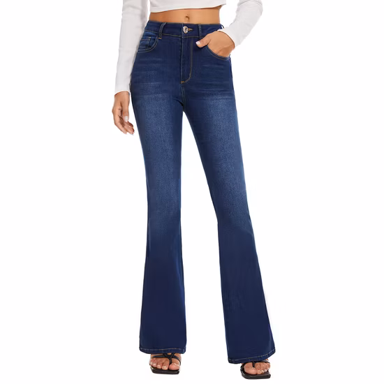 주문 진한 파란색에 의하여 세척되는 신축성이 있는 높은 허리 벨 보텀 데님 여성 플레어 청바지