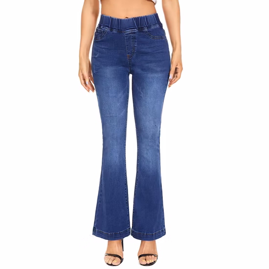 주문 백색 접합 허리 신축성 있는 고층 벨 바닥 데님 여성 플레어 청바지